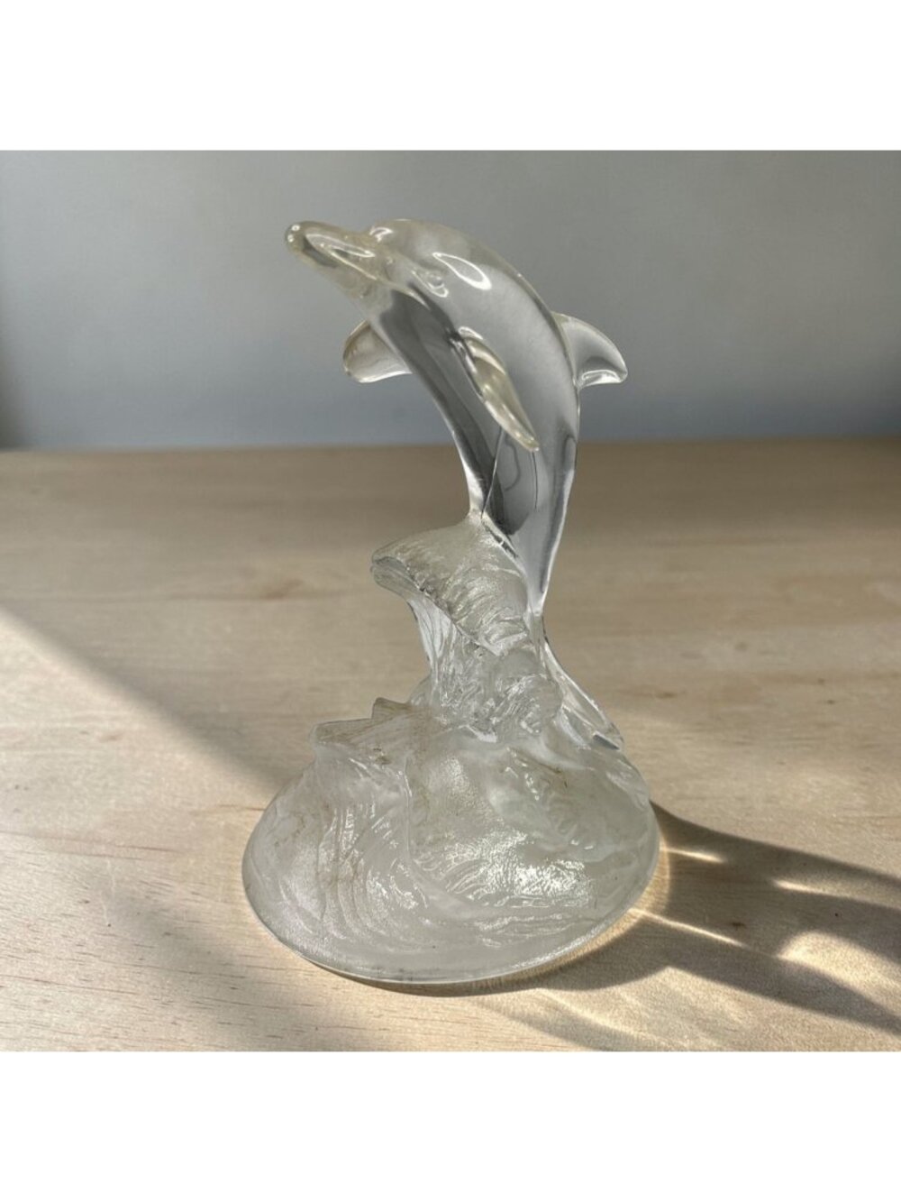 Vintage Glass Dolphin Figurine On Frosted Waves Ocean Sealife Decor